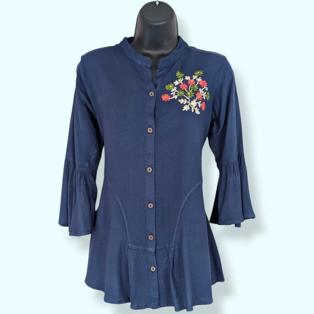 Manksh Blue Flared Floral Embroidered Blouse